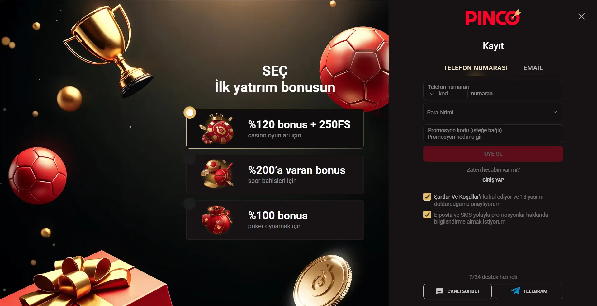 Pinco Bet Türkiye profil oluşturma ve kayıt formu